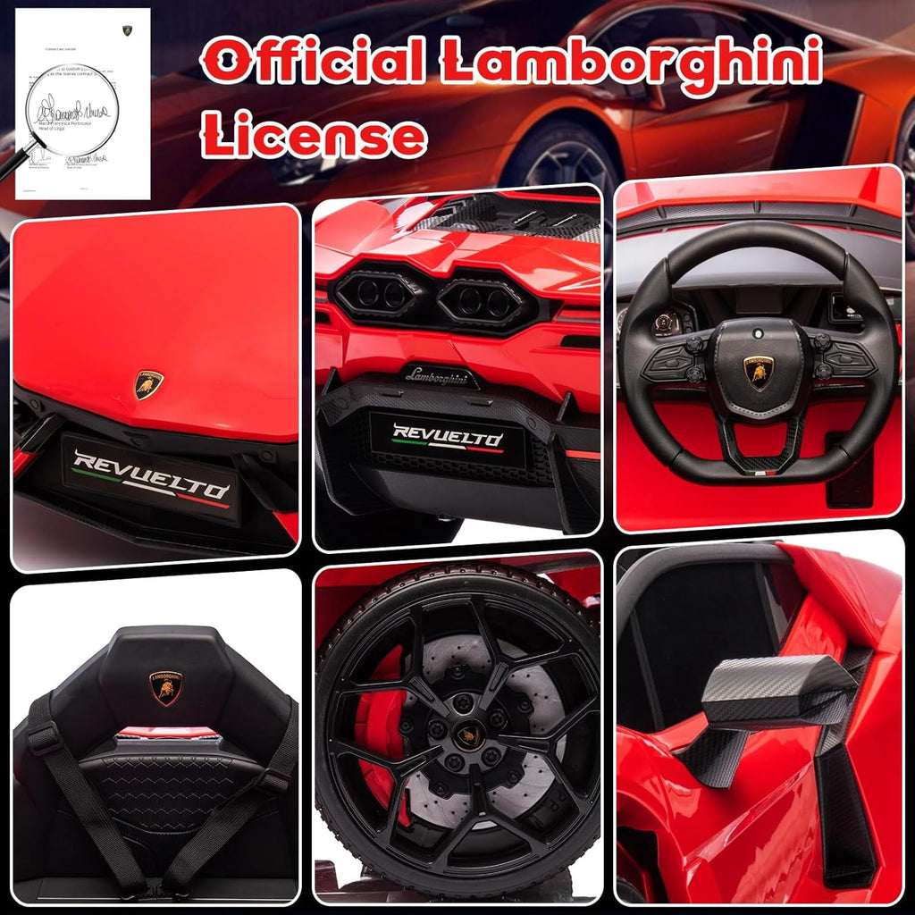 12V Licensed Lamborghini Revuelto Ride-On Electric Sports Car, Dual 25W Motors, Remote Control, Bluetooth, LED Headlights, Music, 1-2 MPH