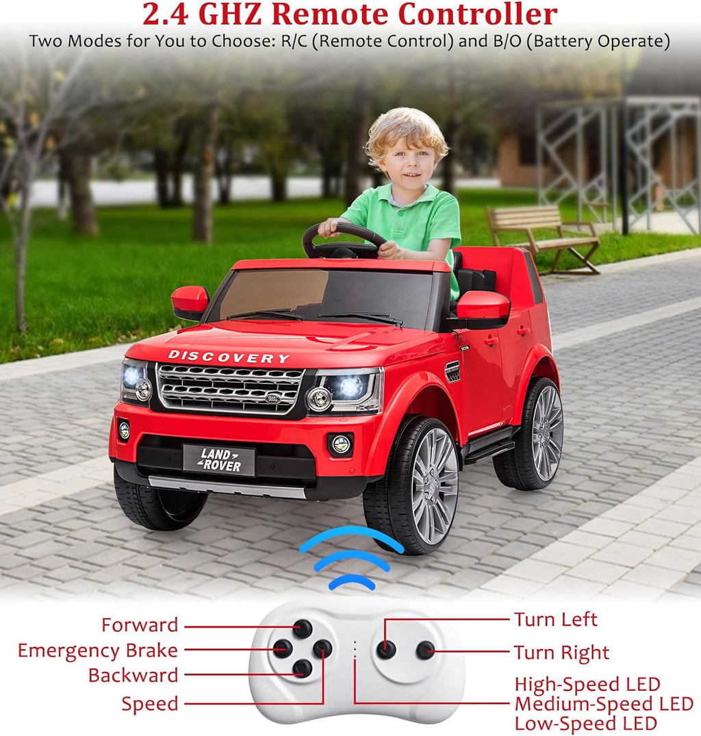 12V Licensed Land Rover Ride-On Car, 2x25W Motors, 4.5Ah Battery, 3 Speeds up to 4.5 MPH, Parent Remote, Spring Suspension, LED Lights