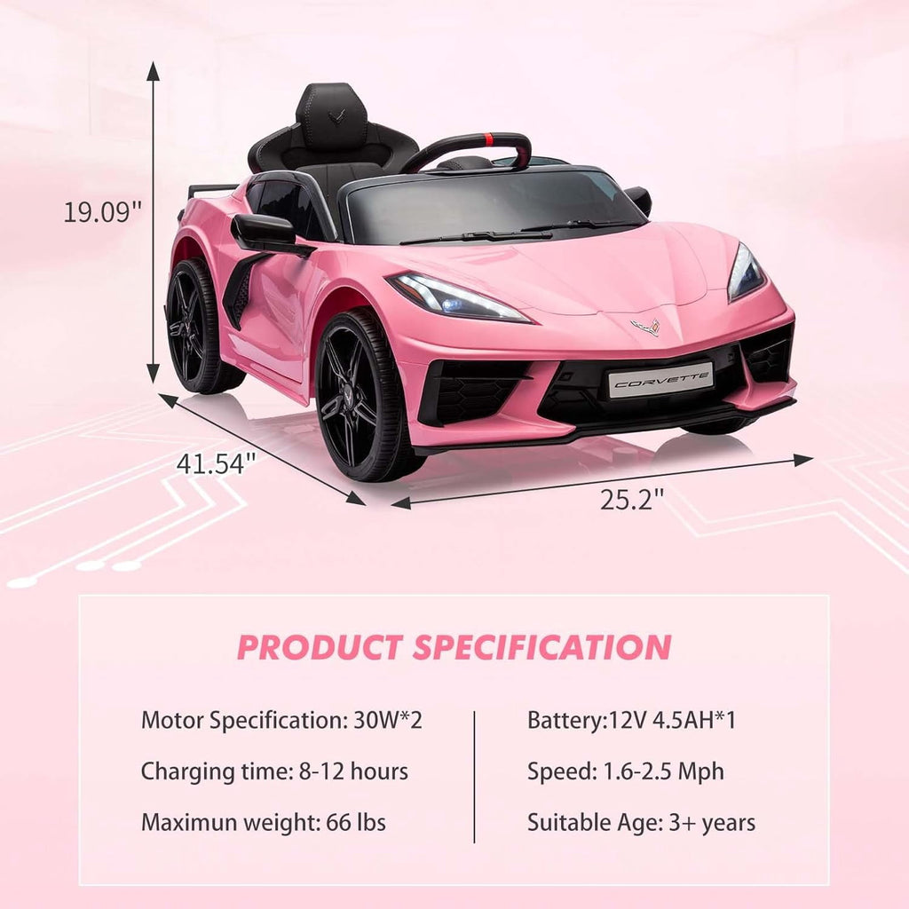 12V Licensed Corvette C8 Ride-On Electric Sports Car, Dual 30W Motors, Remote Control, LED Lights, Music, Openable Doors, 66 lbs
