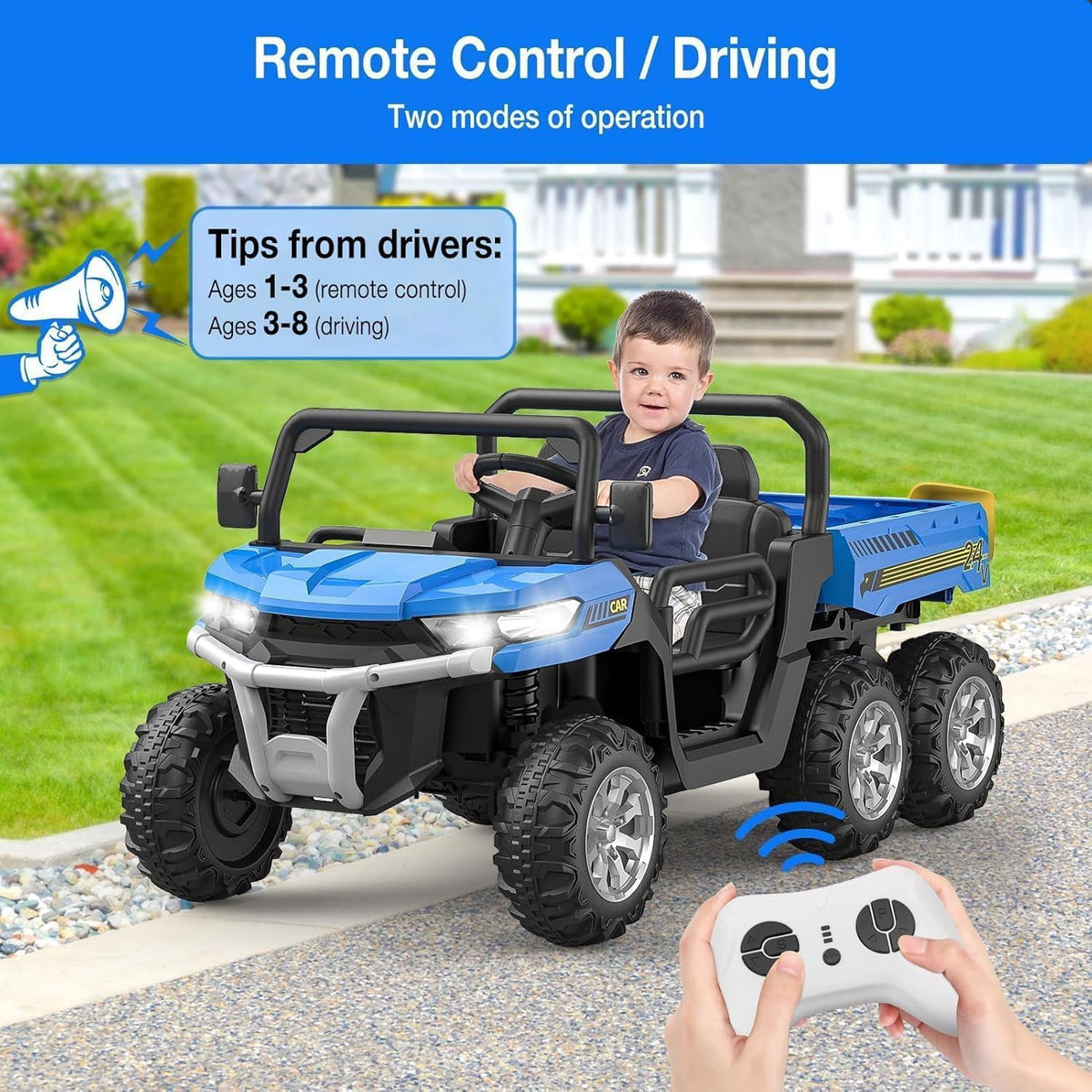 24V 4WD Electric Ride-On Dump Truck for , 2-Seater UTV with Remote Control, Bluetooth Music, Seatbelts, LED Lights, Mobile Phone Connectivity, Double Seat 6 Wheel Truck for Ages 3-8,Green