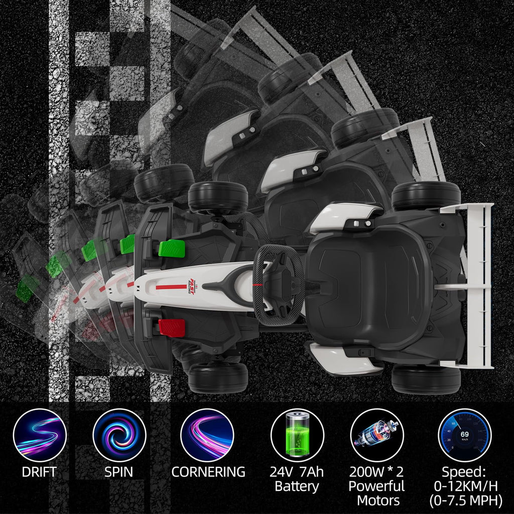 24V Kids Ride-On Go Kart, 7.5MPH High-Speed Drifting Car, Dual 200W Motors, 7Ah Battery, Adjustable Length, Max Load 135lbs, Power Display Racing Toy for Children 6+, Green