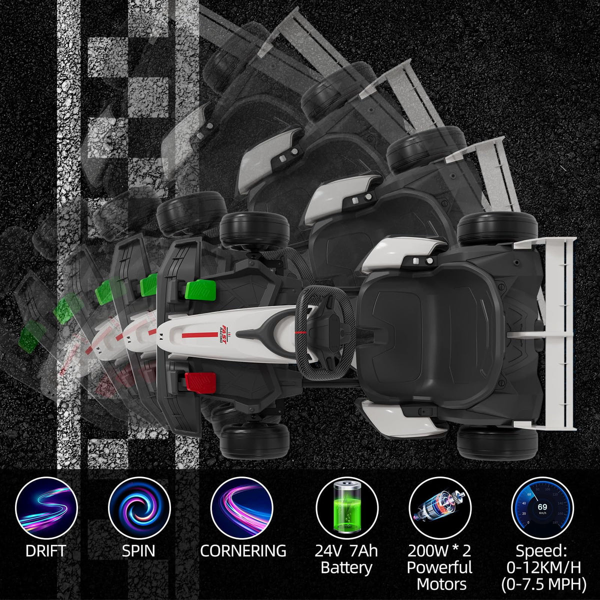 24V Kids Ride-On Go Kart, 7.5MPH High-Speed Drifting Car, Dual 200W Motors, 7Ah Battery, Adjustable Length, Max Load 135lbs, Power Display Racing Toy for Children 6+, Green