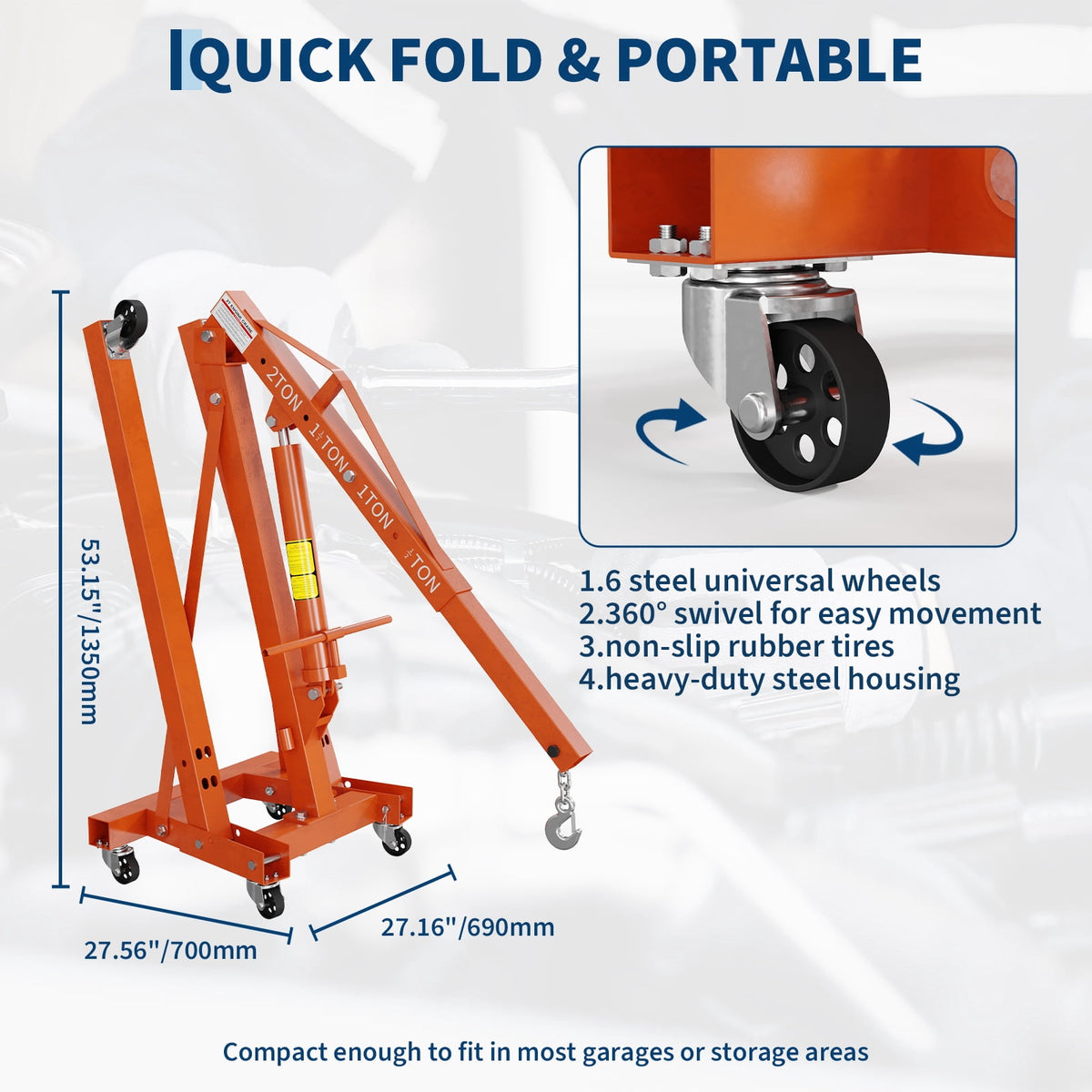 2 Ton Folding Hydraulic Engine Hoist & 3/4 Ton Underhoist Support Stand Set – Heavy Duty Steel Shop Crane, 4-Position Boom, High Reach for Automotive Engine Work, Orange (RAL2004)