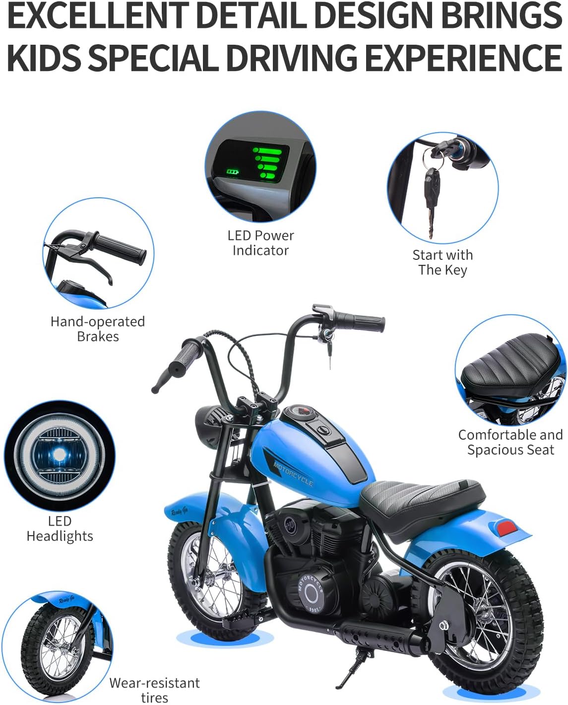 24V Kids Electric Dirt Bike, 300W Motor, 14 MPH, Dual Speed Modes, LED Lights, 60 Min Playtime, Off-Road Motorcycle for Backyard & Trails, Up to 140 lbs,Blue