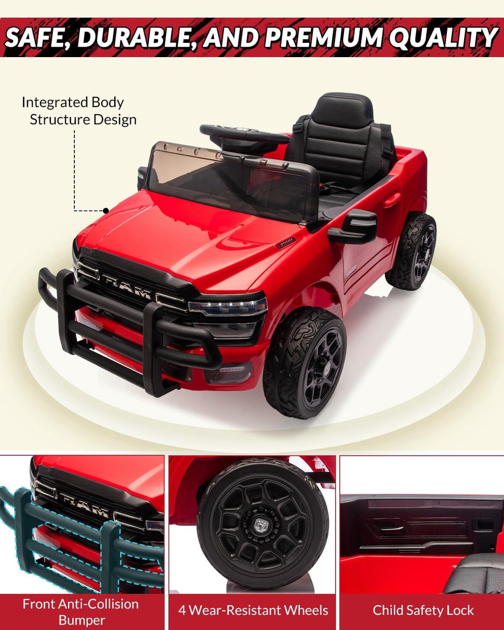 12V Licensed RAM Ride-On Pickup Truck, Electric Ride-On Car with Remote Control, 4-Wheel Suspension, Double Doors, LED Lights, Music, USB & AUX