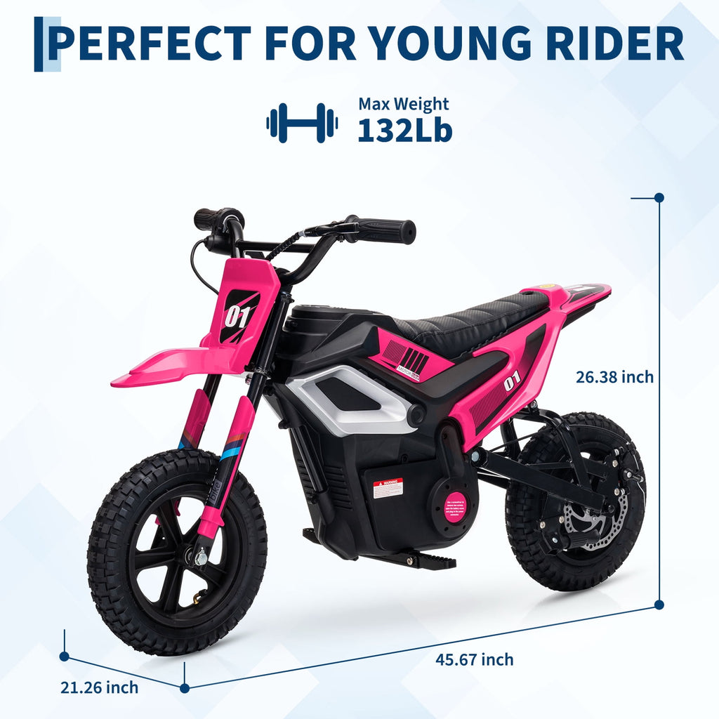 24V 350W Electric Dirt Bike for Kids - 13.7 MPH Max Speed, 12 Mile Range, Rear Suspension, Twist Grip Throttle, Key Start, Hand Brake - Built-in Music & wireless, Ride-On Motorcycle Toy, Red