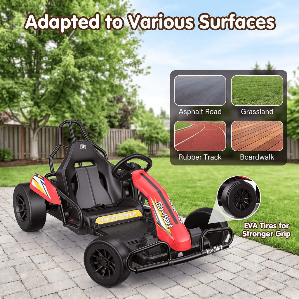 Funcid 24V 10Ah Big Battery Go Kart for Kids Age 6-12, Ride on Toys with 600W Motors, 7.5 MPH Electric Go Kart W/ EVA Wheels, 4-Level Adjustable Seat & 360° Drift Mode, LED Power Display, Red