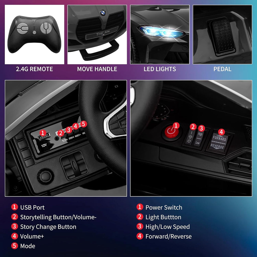 12V Licensed BMW M4 Ride-On Electric Car with Remote Control, 3 Speeds, LED Lights, Music, USB, Adjustable Seat Belt