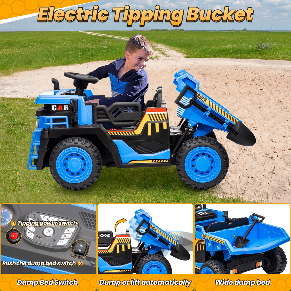 Funride 24V Ride on Toys 2 Seater Ride on Dump Truck w/ Remote Control w/ Dump Bed, 3 Speeds, Shovel, Bluetooth/Music, Big Kids, Yellow