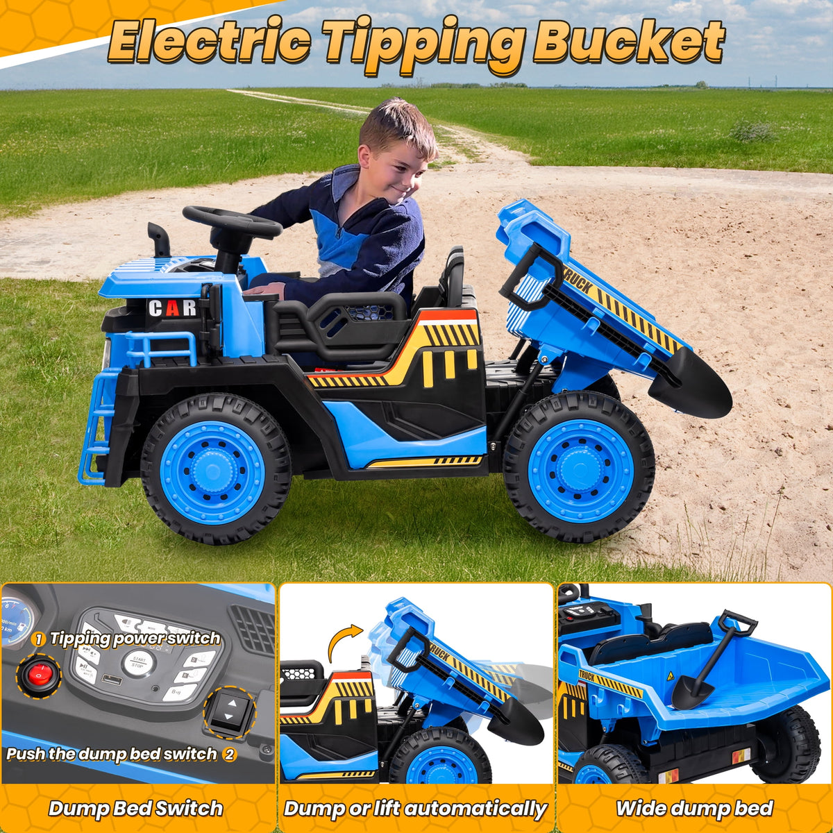 24 Volt Ride on Toys w/ Remote Control, 2*200W Strong Motor, Electric Powered Ride on Dump Truck with Shovel, 3 Speeds, LED Lights, MP3/USB Music, Blue