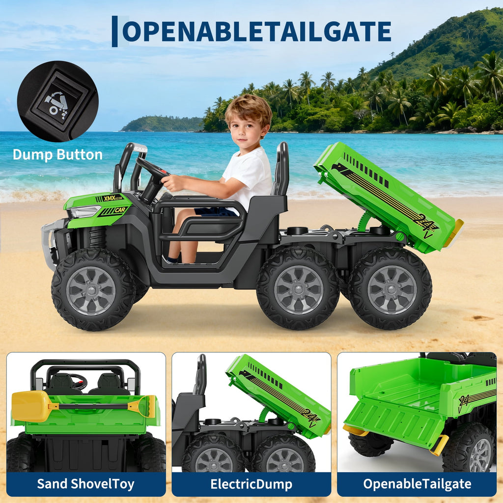 24V 2-Seater 6-Wheel Electric Dump Truck Ride-On for Kids – 4WD UTV Car, Remote Control, Electric Dump Bed, Music, Horn, Industry Standard/CPSIA Certified, Power Ride-On Toy for Boys & Girls