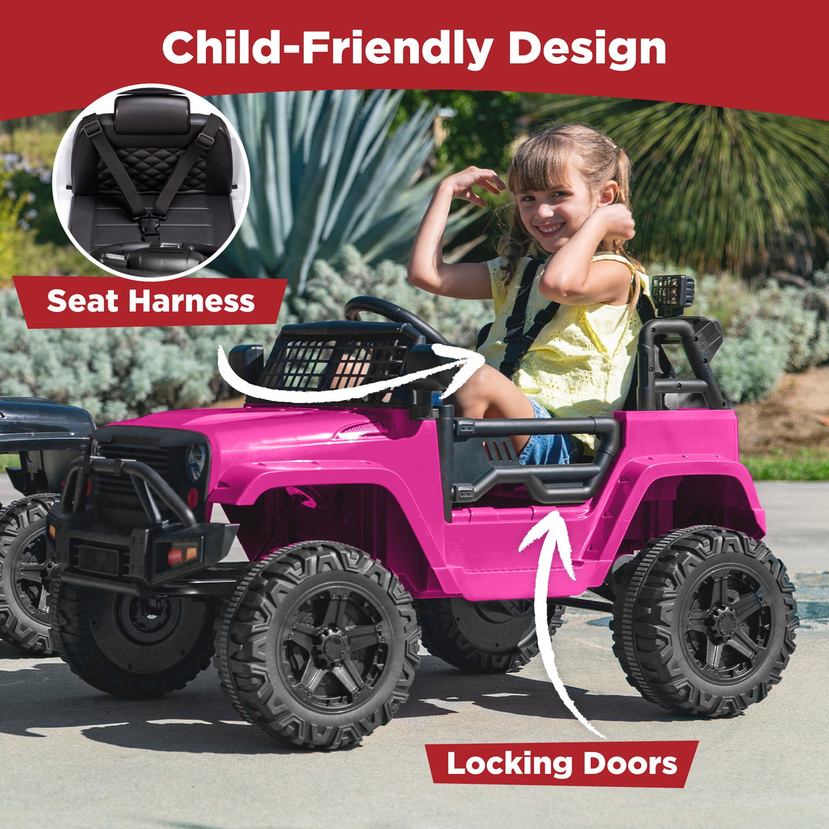 Best Choice Products 12V Kids Ride On Truck Car w/ Parent Remote Control, Spring Suspension, LED Lights - Hot Pink