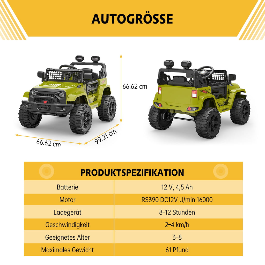 12V Kids Electric Ride-On Truck – Parental Remote Control, Seasonal Suspension, LED Lights, Wireless Connection, 2 Speeds, Standard Test Method Certified, Off-Road Toy Car