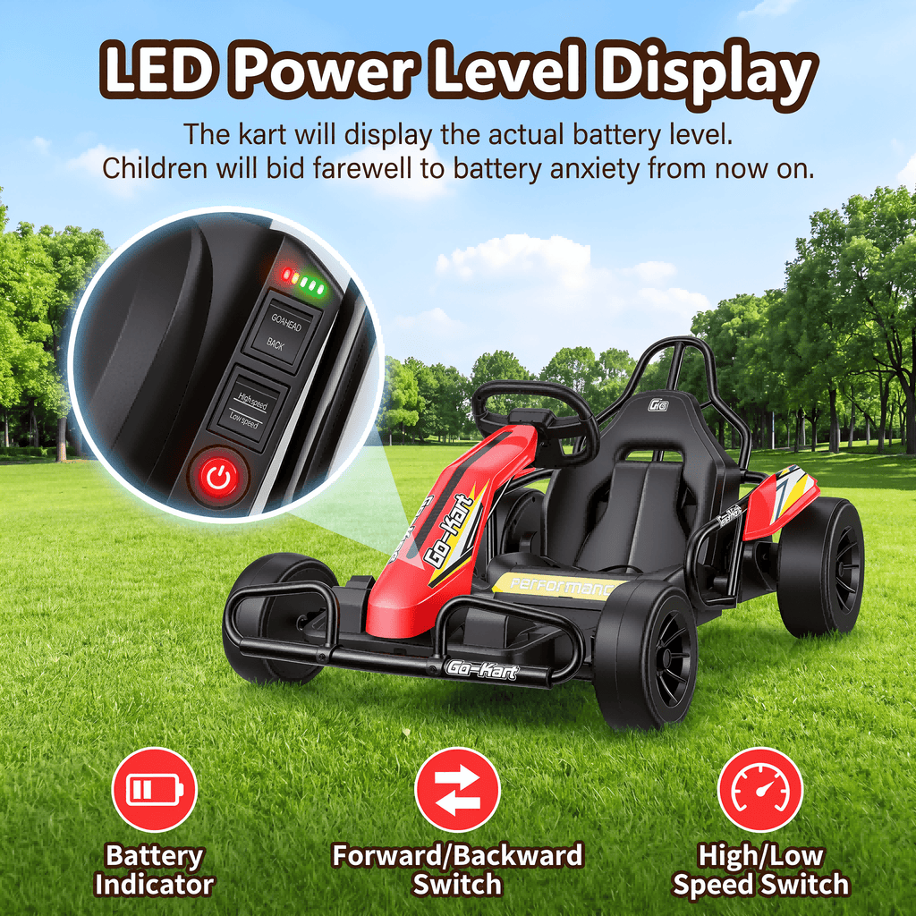 Funcid 24V 10Ah Big Battery Go Kart for Kids Age 6-12, Ride on Toys with 600W Motors, 7.5 MPH Electric Go Kart W/ EVA Wheels, 4-Level Adjustable Seat & 360° Drift Mode, LED Power Display, Red