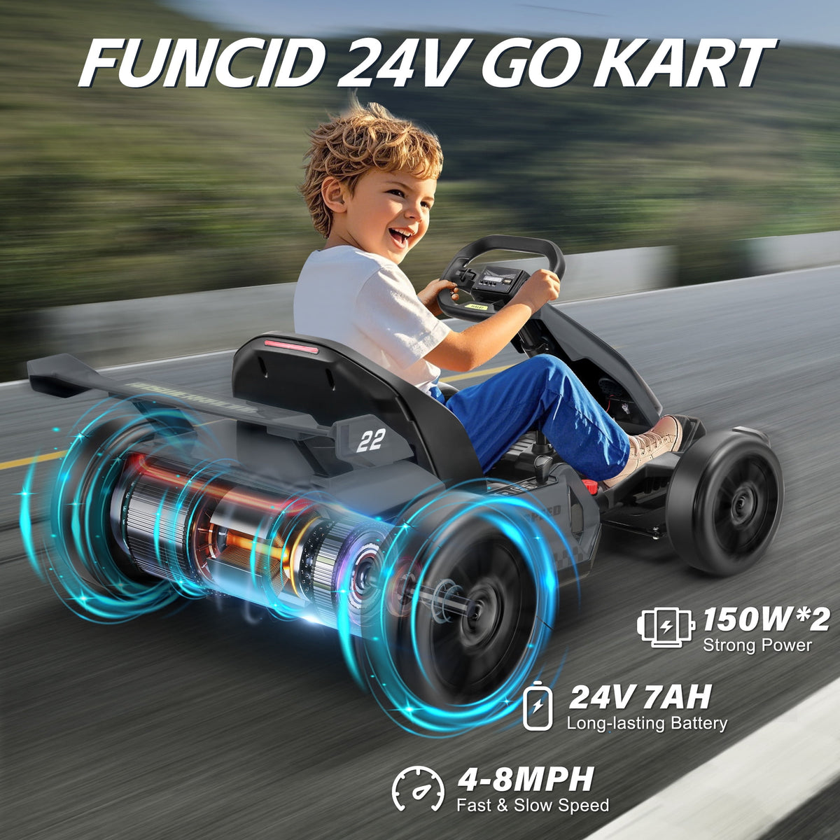 Funcid 24V 7AH Go Kart for Kids, 300W Powered Ride on Toys for 6+, Racing Go Kart with Drift/Sport Mode for Outdoor, Speed 4-8MPH, 110lbs Max Load