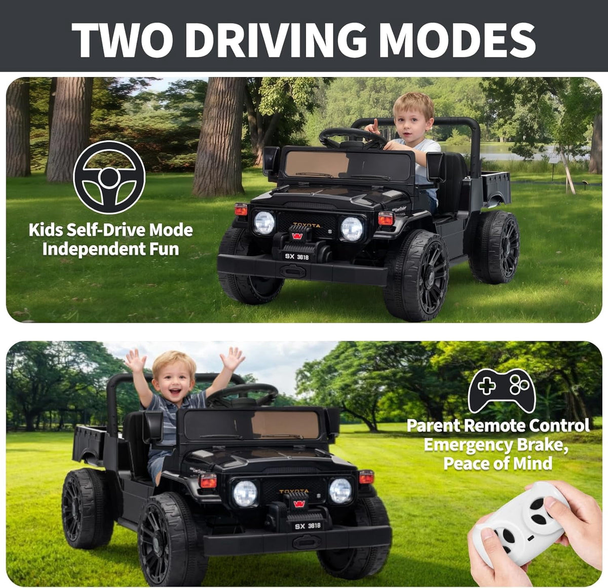 12V Licensed Toyota Ride-On Pickup Truck, Electric Ride-On Car with Remote Control, Lift-Up Dump Bed, Suspension, Bluetooth, Music, 3.73 MPH