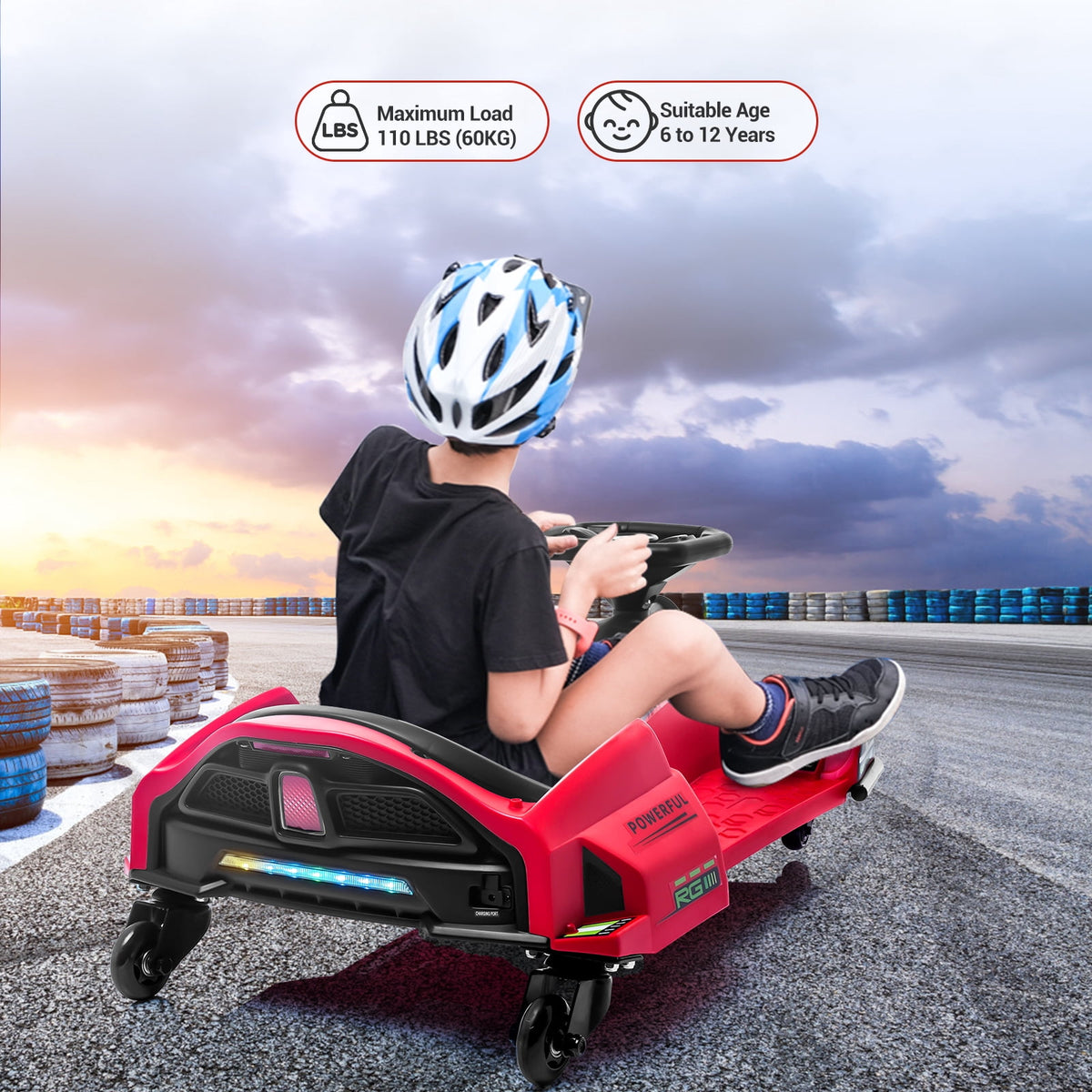 Ride On Drift Kart, Go Kart, Electric Go Kart 24V Drift Kart - 180W Brushless Motor, 7.5 mph Variable Speed, LED Light, Soft Start Battery Powered for Kids 8-12