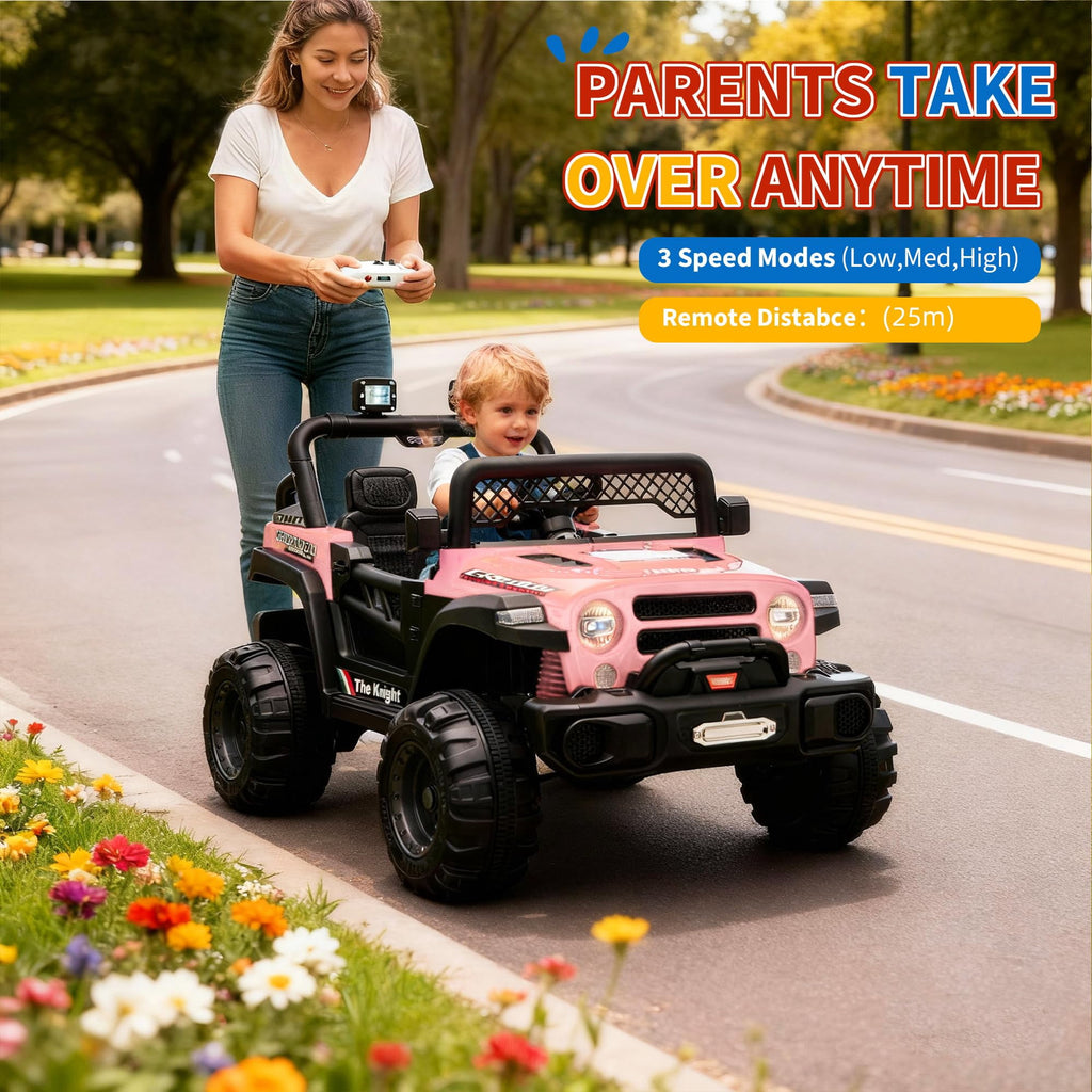 12V Kids Ride-On Truck – Dual 550W Motors, Remote Control, 3-Speed up to 6MPH, Spring Suspension, LED Lights, Music, Safety Belt, Storage – Electric Toy Car for Kids Ages 2-8 – Rose Red