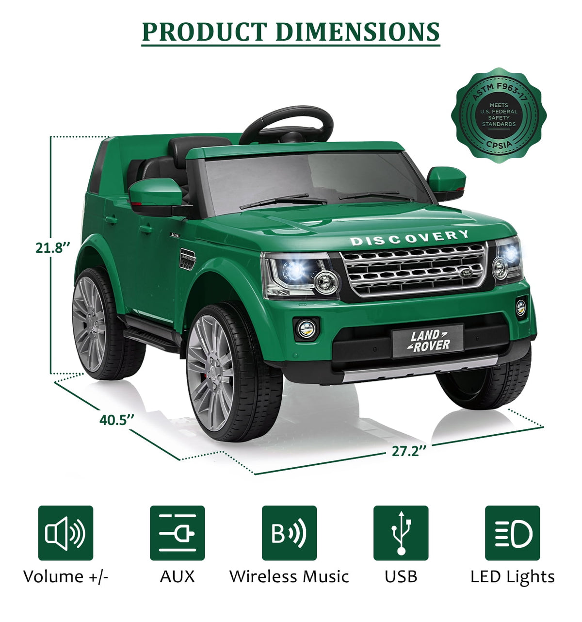 Licensed Land Rover 2-Seater 12V/24V Electric Ride-On Car for Kids Ages 3-8 - Remote Control, MP3, LED Lights, Adjustable Speeds, Shock Absorbers, Safety Seat Belts - Green