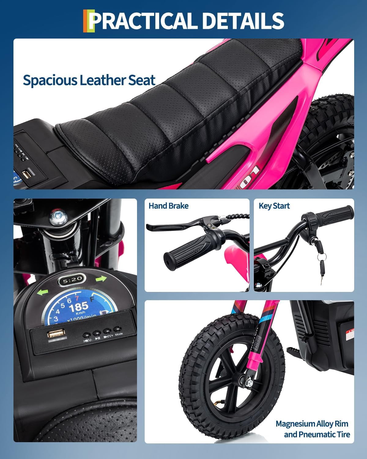 Fectiontool 24V Electric Ride-On Motorcycle, 350W Motor, 24V 7Ah Rechargeable Battery, Battery Powered Ride-On Bike, Energy-Efficient Charger Included,Rose red