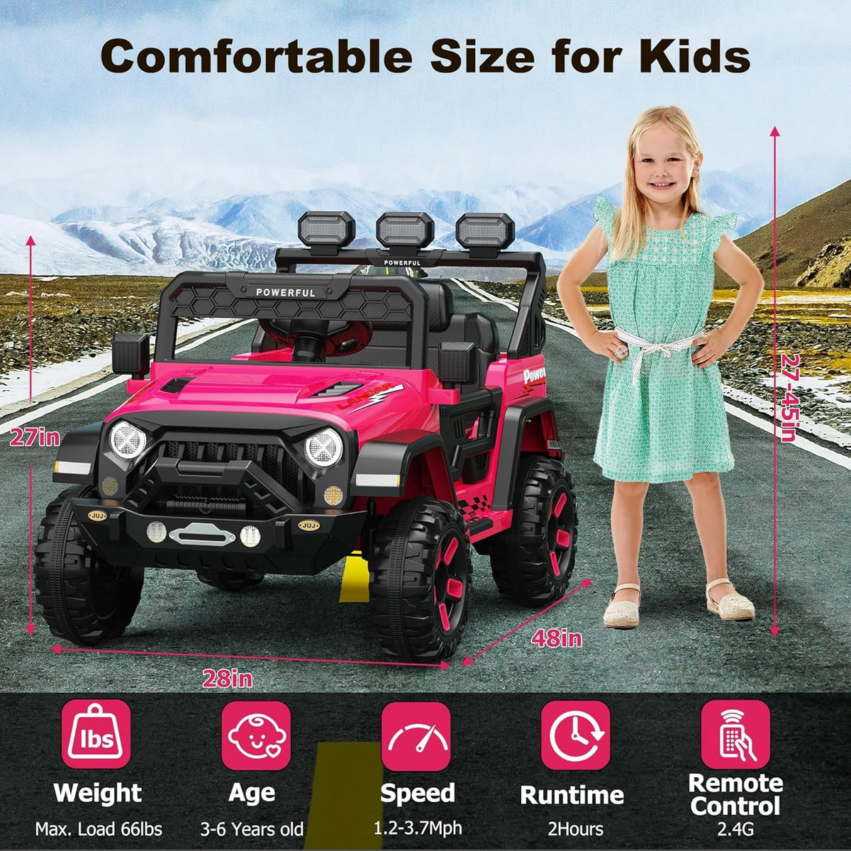 12V Ride-On Truck Car, 7Ah Battery, Parent Remote Control, 3 Speeds Up to 3.7 MPH, Soft Start, LED Lights, Bluetooth, USB, AUX, MP3, 66 Lbs