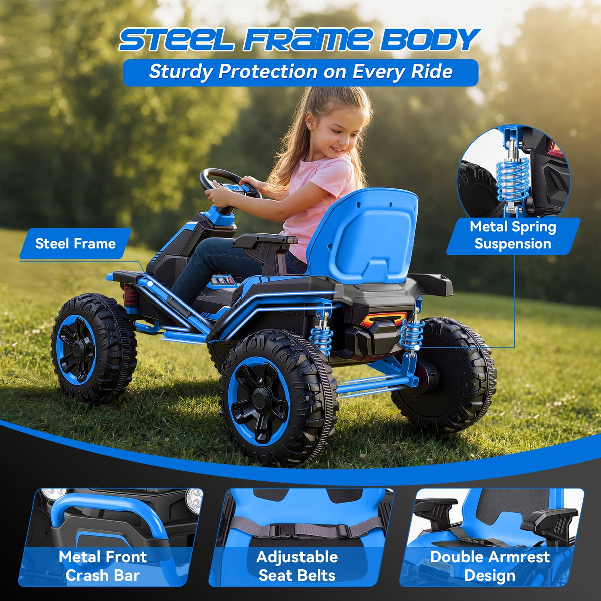 VIBESPARK 36V Ride on Toys for Big Kids Ages 6-12, 600W Ride on Cars up to 5.9 mph, Powerful 4 Wheeler Quad, Ride on ATV W/ Adjustable Seat, Ball-bearing Design, Power Display, Light Control, Blue