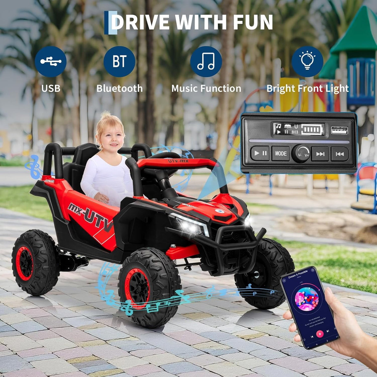 12V 4WD Ride-On Electric Car with Remote Control, 4-Wheel Drive, 4 Spring Suspension, Up to 5 MPH, LED Headlights, Bluetooth