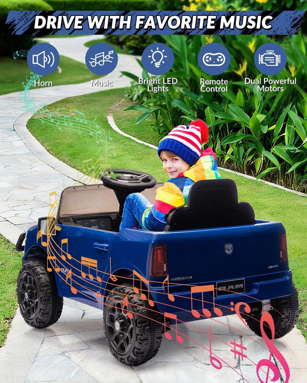 12V Licensed RAM Ride-On Pickup Truck, Electric Ride-On Car with Remote Control, 4-Wheel Suspension, Double Doors, LED Lights, Music, USB & AUX