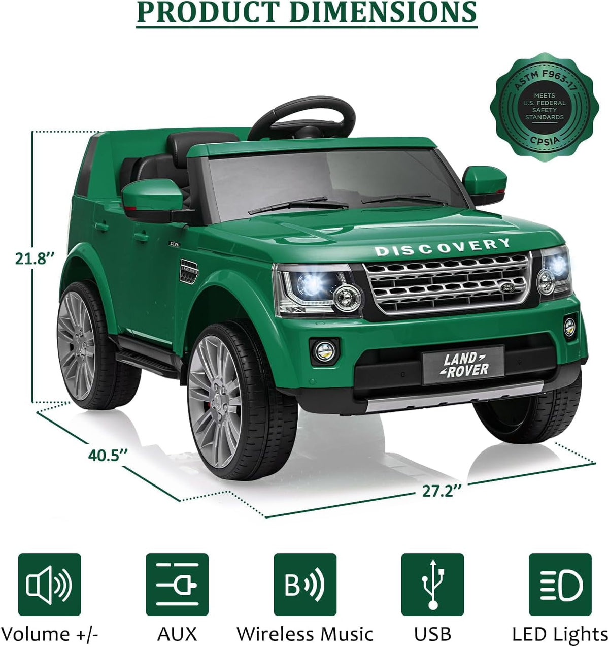 12V Licensed Land Rover Ride-On Car, 2x25W Motors, 4.5Ah Battery, 3 Speeds up to 4.5 MPH, Parent Remote, Spring Suspension, LED Lights