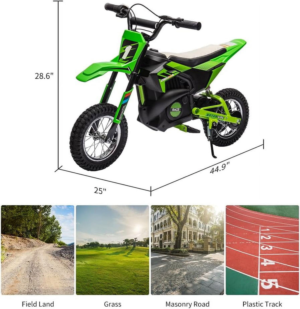 24V Electric Dirt Bike, 250W Brushed Motor, 13.6 MPH Max Speed, Chain Drive System, Disc Brake, Metal Spring Suspension, 12.6 Inch Pneumatic Tires, Leather Seat, 138 LBS Max Load,Blue